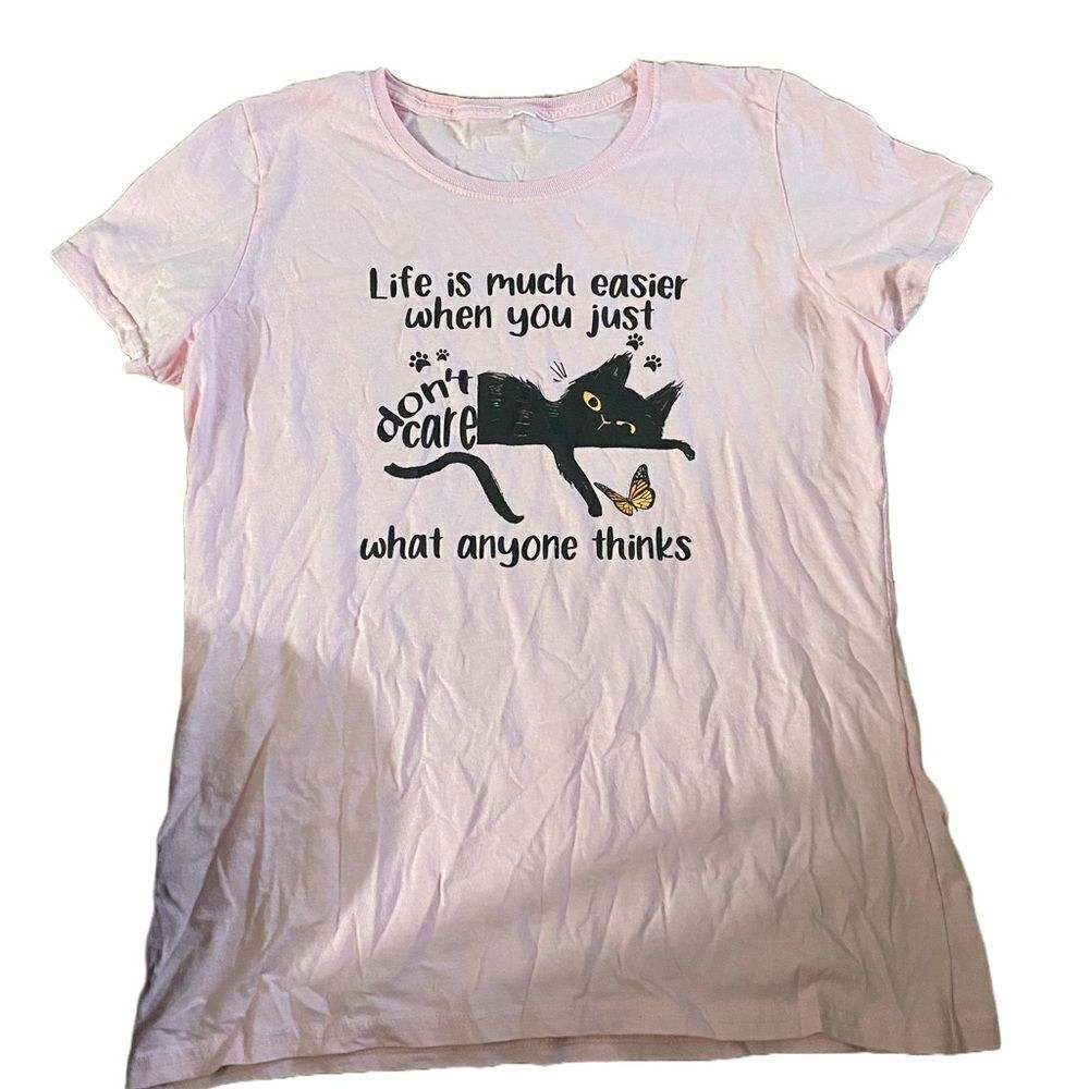 Womens Funny Cat Life is Easier When You Just Don’t Care Pink Tshirt